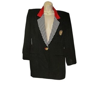 CRISCIONE Vintage Blazer Red Collar Striped Lapel Gold Crest Button Black Jacket